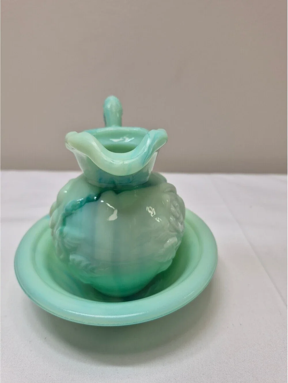 Vintage Avon Jade Green Floral Embossed Glass Pitcher with Matching Bowl J12